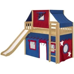 Maxtrix Twin Mid Loft Bed With Straight Ladder, Curtain, Top Tent + Slide -Kid Furniture AWESOME21 NS