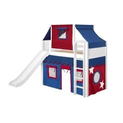Maxtrix Twin Mid Loft Bed With Straight Ladder, Curtain, Top Tent + Slide -Kid Furniture AWESOME21 WP