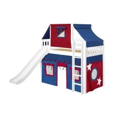 Maxtrix Twin Mid Loft Bed With Straight Ladder, Curtain, Top Tent + Slide -Kid Furniture AWESOME21 WS