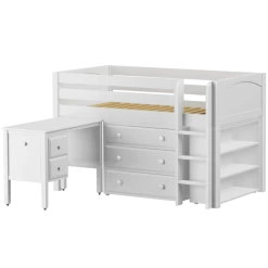 Maxtrix Twin Low Loft Bed With Straight Ladder, Storage + Desk -Kid Furniture BOX23L WP