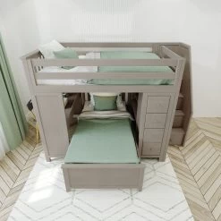Jackpot Deluxe Buxton Full Over Twin L-Shape Bunk With Staircase + Desk + Storage -Kid Furniture Buxton4StoneAbove drawersclosed