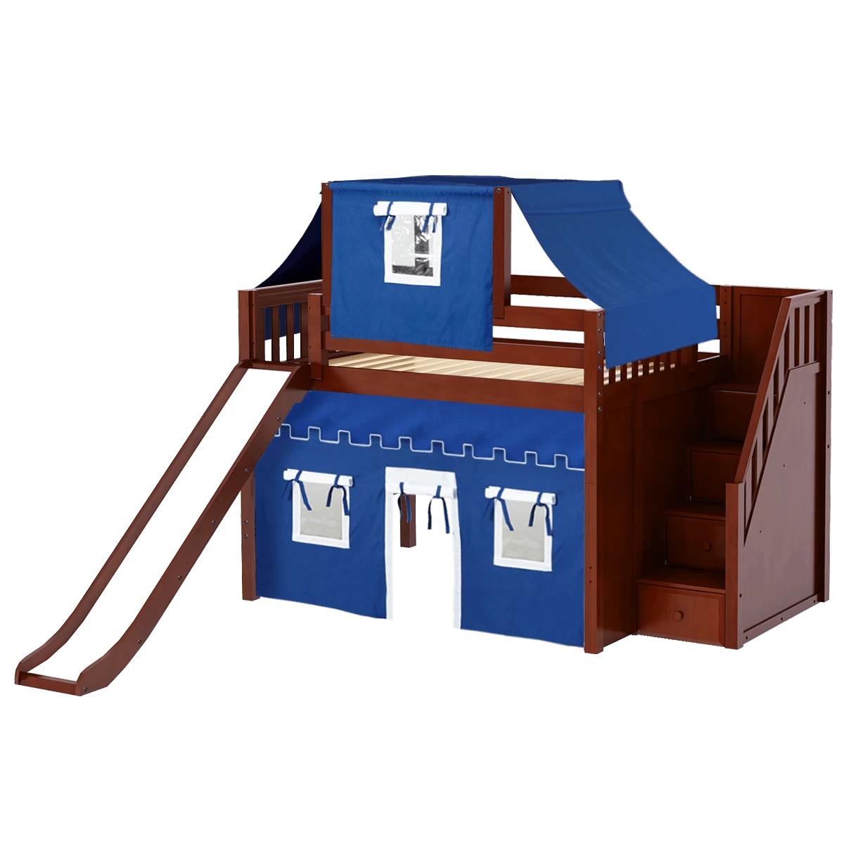 Maxtrix Full Mid Loft Bed With Stairs, Curtain, Top Tent + Slide 3 Maxtrix Full Mid Loft Bed With Stairs, Curtain, Top Tent + Slide