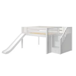 Maxtrix Full Low Loft Bed With Stairs + Slide -Kid Furniture KAPOW WP LEFT