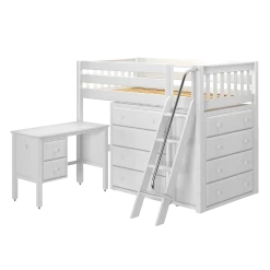 Maxtrix Twin Mid Loft Bed With Angled Ladder, Storage + Desk -Kid Furniture KATCHING21L WS