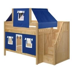 Maxtrix Full Low Bunk Bed With Stairs, Curtain + Top Tent -Kid Furniture NIFTY22 NP LEFT