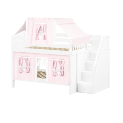 Maxtrix Full Low Bunk Bed With Stairs, Curtain + Top Tent -Kid Furniture NIFTY23 WC