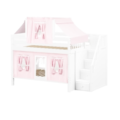 Maxtrix Full Low Bunk Bed With Stairs, Curtain + Top Tent -Kid Furniture NIFTY23 WP