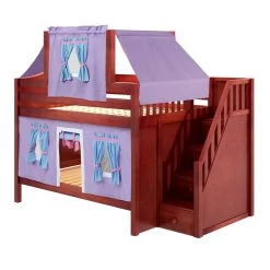 Maxtrix Full Low Bunk Bed With Stairs, Curtain + Top Tent -Kid Furniture NIFTY27 CC LEFT
