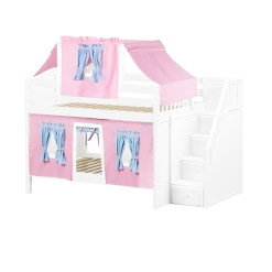 Maxtrix Full Low Bunk Bed With Stairs, Curtain + Top Tent -Kid Furniture NIFTY28 WC