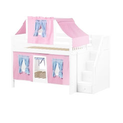 Maxtrix Full Low Bunk Bed With Stairs, Curtain + Top Tent -Kid Furniture NIFTY28 WP
