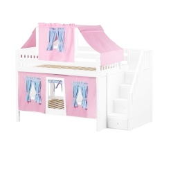 Maxtrix Full Low Bunk Bed With Stairs, Curtain + Top Tent -Kid Furniture NIFTY28 WS