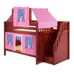 Maxtrix Full Low Bunk Bed With Stairs, Curtain + Top Tent -Kid Furniture NIFTY28 CP LEFT