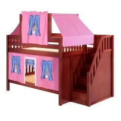 Maxtrix Full Low Bunk Bed With Stairs, Curtain + Top Tent -Kid Furniture NIFTY28 CS LEFT