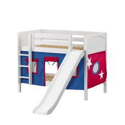 Maxtrix Twin Low Bunk Bed With Straight Ladder, Curtain + Slide -Kid Furniture SMILE21 WP