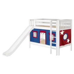 Maxtrix Twin Low Bunk Bed With Straight Ladder, Curtain + Slide -Kid Furniture SMILE21 WS LEFT