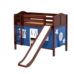 Maxtrix Twin Low Bunk Bed With Straight Ladder, Curtain + Slide -Kid Furniture SMILE22 CC
