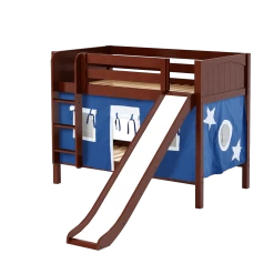 Maxtrix Twin Low Bunk Bed With Straight Ladder, Curtain + Slide -Kid Furniture SMILE22 CP