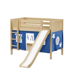 Maxtrix Twin Low Bunk Bed With Straight Ladder, Curtain + Slide -Kid Furniture SMILE22 NP