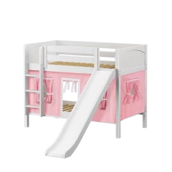 Maxtrix Twin Low Bunk Bed With Straight Ladder, Curtain + Slide -Kid Furniture SMILE23 WP