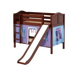 Maxtrix Twin Low Bunk Bed With Straight Ladder, Curtain + Slide -Kid Furniture SMILE27 CC