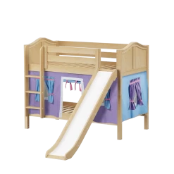 Maxtrix Twin Low Bunk Bed With Straight Ladder, Curtain + Slide -Kid Furniture SMILE27 NC