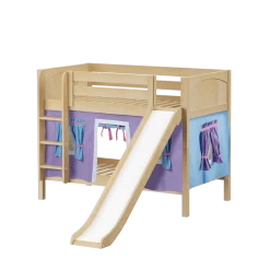 Maxtrix Twin Low Bunk Bed With Straight Ladder, Curtain + Slide -Kid Furniture SMILE27 NP