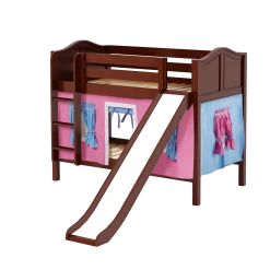 Maxtrix Twin Low Bunk Bed With Straight Ladder, Curtain + Slide -Kid Furniture SMILE28 CC