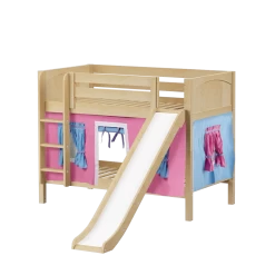 Maxtrix Twin Low Bunk Bed With Straight Ladder, Curtain + Slide -Kid Furniture SMILE28 NP