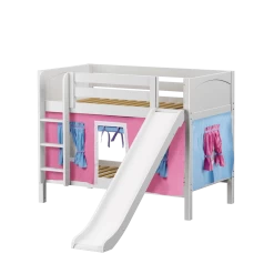 Maxtrix Twin Low Bunk Bed With Straight Ladder, Curtain + Slide -Kid Furniture SMILE28 WP