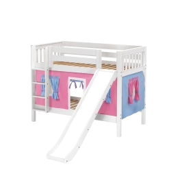 Maxtrix Twin Low Bunk Bed With Straight Ladder, Curtain + Slide -Kid Furniture SMILE28 WS