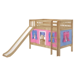 Maxtrix Twin Low Bunk Bed With Straight Ladder, Curtain + Slide -Kid Furniture SMILE28 NS LEFT
