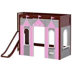 Maxtrix Twin High Loft Bed With Slide Platform + Playhouse Panels -Kid Furniture STADIUM PINK CP