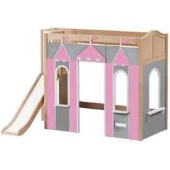 Maxtrix Twin High Loft Bed With Slide Platform + Playhouse Panels -Kid Furniture STADIUM PINK NC