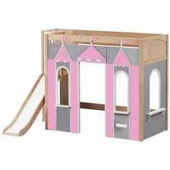 Maxtrix Twin High Loft Bed With Slide Platform + Playhouse Panels -Kid Furniture STADIUM PINK NP