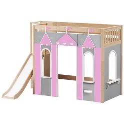 Maxtrix Twin High Loft Bed With Slide Platform + Playhouse Panels -Kid Furniture STADIUM PINK NS