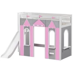 Maxtrix Twin High Loft Bed With Slide Platform + Playhouse Panels -Kid Furniture STADIUM PINK WS