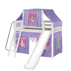Maxtrix Twin Mid Loft Bed With Angled Ladder, Curtain, Top Tent + Slide -Kid Furniture SWEET56 WS