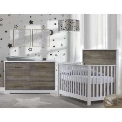 Nest Juvenile Vibe Double Dresser -Kid Furniture Vibe Collection Convertible Crib Double Dresser in white with brown bark antique brass pulls featuring Matty in dusty grey 1 79b48c05 5138 4b73 a943 bd4b7de7e21e