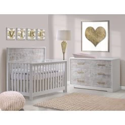 Nest Juvenile Vibe Double Dresser -Kid Furniture Vibe Collection Convertible Crib Double Dresser in white with white bark antique brass pulls featuring Matty in soft pink 1 ad5db169 c2b8 45ca 9d66 7c2253c42e95