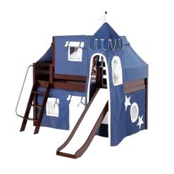Maxtrix Twin Low Loft Bed With Angled Ladder, Curtain, Top Tent, Tower + Slide -Kid Furniture WOW22 CP