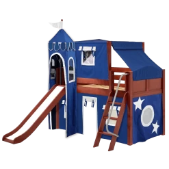 Maxtrix Twin Low Loft Bed With Angled Ladder, Curtain, Top Tent, Tower + Slide -Kid Furniture WOW22CCLEFT