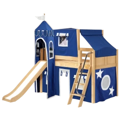 Maxtrix Twin Low Loft Bed With Angled Ladder, Curtain, Top Tent, Tower + Slide -Kid Furniture WOW22NCLEFT