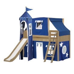 Maxtrix Twin Low Loft Bed With Angled Ladder, Curtain, Top Tent, Tower + Slide -Kid Furniture WOW22NP
