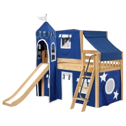 Maxtrix Twin Low Loft Bed With Angled Ladder, Curtain, Top Tent, Tower + Slide -Kid Furniture WOW22NSLEFT