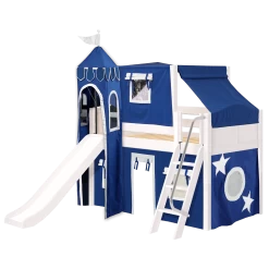 Maxtrix Twin Low Loft Bed With Angled Ladder, Curtain, Top Tent, Tower + Slide -Kid Furniture WOW22WCLEFT