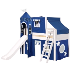Maxtrix Twin Low Loft Bed With Angled Ladder, Curtain, Top Tent, Tower + Slide -Kid Furniture WOW22WPLEFT