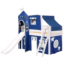 Maxtrix Twin Low Loft Bed With Angled Ladder, Curtain, Top Tent, Tower + Slide -Kid Furniture WOW22WSLEFT