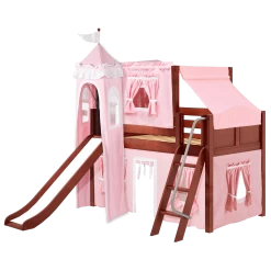 Maxtrix Twin Low Loft Bed With Angled Ladder, Curtain, Top Tent, Tower + Slide -Kid Furniture WOW23CCLEFT