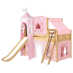 Maxtrix Twin Low Loft Bed With Angled Ladder, Curtain, Top Tent, Tower + Slide -Kid Furniture WOW23NCLEFT
