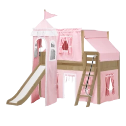 Maxtrix Twin Low Loft Bed With Angled Ladder, Curtain, Top Tent, Tower + Slide -Kid Furniture WOW23NP